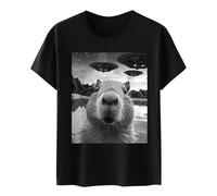 Wonmen's Funny Graphic T-Shirt Capybara Selfie with UFOs Strange T-Shirt Long Sleeve Shirts Women, black, S