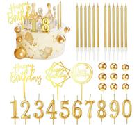 Wonninek 34Pcs Gold Cake Decoration Set with Number Candles 0-9 | All-in-One 34-Piece Set, Number Candles 0-9, always the right age, from 1st to 50th, Elegant Gold Design