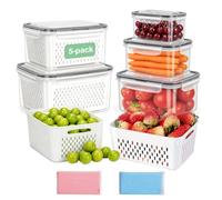 Wonninek 5-Pack Fridge Storage Containers with Colanders (380ml-4150ml) & Sponges, Veggie Salad Prep Bowls, Leakproof Fresh Food Storage with Lids- Keep Fruit, Veg & Meat Fresh Longer
