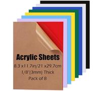 Wonninek 8PCS A4 Acrylic Sheet Colored Perspex Sheet 3mm Thick Plastic Sheet Acrylic Board for DIY, Craft, Protective Film, Glass Replacement, 29.7 x 21cm