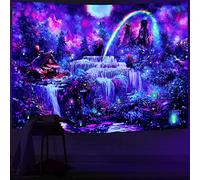 Wonrizon Blacklight Fantasy Forest Tapestry, Waterfall Rainbow Misty Jungle Plants Tapestries UV Reactive Wall Hanging Glow in the Dark Nature Landscape decor for Bedroom Living Room (Waterfall