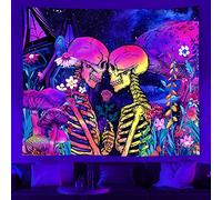 Wonrizon Blacklight Skull Tapestry, Romantic Lovers Mushroom Floral Tapestries Skeleton UV Reactive Wall Hanging Glow in the Dark Backdrop decor for Bedroom Living Room (mushroom skull, 59.1”x 82.7”)