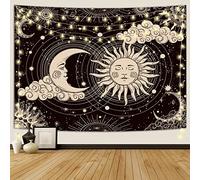 Wonrizon Sun and Moon Tapestry, Aesthetic Black Dark Spiritual Tapestries Mystic Burning Sun with Clouds Star Wall Hanging decor for Bedroom (70.9" x 94.5")