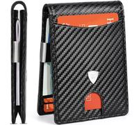 WONSEFOO Wallets Mens Slim RFID Blocking Carbon Fiber Leather for Men UK with up to 12 Credit Card Slots, Strong Money Clip, Minimalist Bi-Fold Gift Box - Black, 11.5 x 8.5 x 1.5 cm