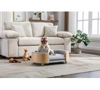 WONSHREE Scandinavian Dog Bed Mid-Century Pet Sofa with Velvet Cushion & Solid Wood Legs, Removable Cover, 30.7” for Medium Dogs, Natural Frame & Light Grey Cushion