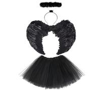 Wonsta Fallen Angel Fancy Dress Halloween Dark Angel Costume Kids Adults Black Angel Black Feather Angel Wings Costume for Halloween Christmas Party
