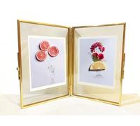WONTHAI Gold 4 x 6 Double Folding Glass Frame for Pressed Flowers - Vintage Brass Metal and Floating Frame - Hinged Photo Vertical