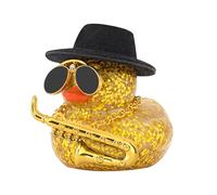 wonuu Car Decoration Saxophone Rubber Ducks, Dashboard Decor Duck Car Ornaments with Mini Top Hat Necklace Sunglasses, Dark Gold