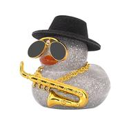 wonuu Car Decoration Saxophone Rubber Ducks, Dashboard Decor Duck Car Ornaments with Mini Top Hat Necklace Sunglasses, Pale Gray