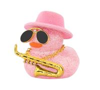 wonuu Car Decoration Saxophone Rubber Ducks, Dashboard Decor Duck Car Ornaments with Mini Top Hat Necklace Sunglasses, Pale Pink
