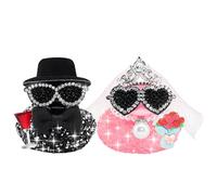 wonuu Mini Sparkly Diamond-Studded Wedding Rubber Duck, Groom Holding Wine Glasses Bride with a Bouquet Bling Rhinestones Duckies Set, Style 1