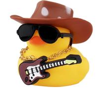 wonuu Rubber Duck Car Ornaments Guitar Duck Cool Car Accessories Car Dashboard Decorations with Cowboy Hat Necklace and Sunglasses, Brown&White
