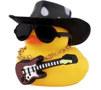 wonuu Rubber Duck Car Ornaments Guitar Duck Cool Car Accessories Car Dashboard Decorations with Cowboy Hat Necklace and Sunglasses, Black&White