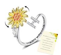 Wonvin Collection Women Sunflower Initial Letter Spinner Ring Open Adjustable Ring CZ Rings Daisy Stress Relieving Ring Jewelry Gift for Women Girl (H)