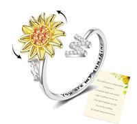 Wonvin Collection Women Sunflower Initial Letter Spinner Ring Open Adjustable Ring CZ Rings Daisy Stress Relieving Ring Jewelry Gift for Women Girl (W)
