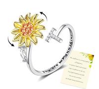 Wonvin Collection Women Sunflower Initial Letter Spinner Ring Open Adjustable Ring CZ Rings Daisy Stress Relieving Ring Jewelry Gift for Women Girl (T)
