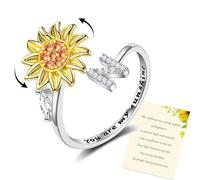 Wonvin Collection Women Sunflower Initial Letter Spinner Ring Open Adjustable Ring CZ Rings Daisy Stress Relieving Ring Jewelry Gift for Women Girl (N)