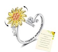 Wonvin Collection Women Sunflower Initial Letter Spinner Ring Open Adjustable Ring CZ Rings Daisy Stress Relieving Ring Jewelry Gift for Women Girl (R)