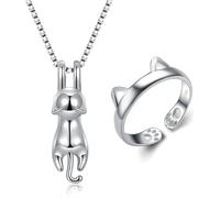 Wonvin Collection Womens 925 sterling silver 3D cute cat Lover Matte surface/smooth pendant necklace (Ring+Necklace Set)