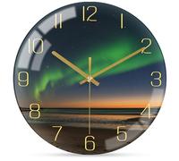 WONZOM 10 Inch Northern Lights Wall Clock, Glass Modern Black and Gold Living Room Clock, Unusual Silent Wall Clock for Kitchen Bedroom Bathroom Office