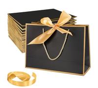 Woobroo 15 PCS Gift Bag With Gold Ribbin Luxury Paper Party bag With Handles 32 x 25 x 10CM Birthday Gift Bag for Wedding, Festivals(Black Gold)