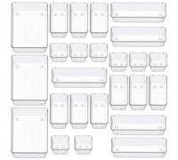 Woobroo 25 Pack Drawer Organizer Set, 4 Size Versatile Storage Trays for Bathroom and Vanity Drawers, Clear Plastic Organizer Bins for Desk, Makeup, Kitchen, Bedroom and Office
