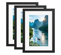 Woobroo 3 Pcs A3 Wooden Picture Frame Set - Wall-Mounted Display Poster Frame with A4 Art Board and Acrylic Glass (Black)