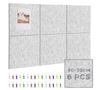 Woobroo 6 Pcs Cork Board Alternative - 30x30cm Removable Felt Wall Decal, Silver-Grey Message Board with 30 Pushpins for Home, Office, School, Photo and Note