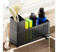 Woobroo Kitchen Sink Caddy Organiser, Sponge Holder with Removable Drain Tray and Partitions, Kitchen Soap Dish Tray, Washing up Caddy Sinkware Organiser with Brush Holder, Black