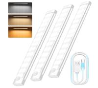 Woobroo Motion Sensor Lights - 30cm Under Cabinet Kitchen Lights, 3 Color Rechargeable Night Light, Auto On/Off Dimming Wardrobe Lights for Stairs, Under Cabinet, Closet, Room, Wardrobe, 3 Pack