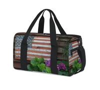 Wood American Flag Flower Sports Duffel Bag Flag Weekend Overnight Bag Tote Holdall Casual Travel Gym Duffel Bags for Kids Girls Boys Women Men