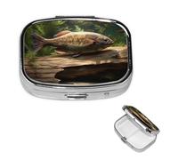 Wood and Fish Pill Case with Mirror Retro 2 Compartment Pill Box Small Pill Organizer for Purse or Pocket Decorative Metal Medicine Vitamin Organizer Unique Gifts