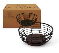 Wood and Iron Fruit Bowls Basket for Kitchen Countertop, Dishwasher Safe Basket Home Kitchen Decor