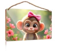 Wood Bathroom Decor Adorable Monkey with Pink Bow in Flower Garden Wooden Sign Personalized Front Door Sign Indie Room Decor(23X35CM)