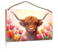 Wood Bathroom Decor Highland Cow In A Field Of Tulips Wooden Sign Outside Decor Funny Bathroom Art(20X30CM)