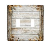 Wood Bathroom Double Light Switch Cover Plate, Rustic Natural Leaves Flowers Fall Brown Plastic Standard Size Switch Plate Decorative for New Apartment Home Bedroom Office Decor