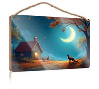 Wood Bathroom Hanging Sign A Fox Watches Chickens Outside A Cozy Cabin Under A Crescent Moon Wooded Sign Wood Signs Decor Kitchen Decorations Wall(20X30CM)