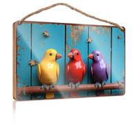 Wood Bathroom Hanging Sign Colorful Ceramic Birds Perched On Rustic Wooden Fence With Autumn Wooded Sign Patio Decorations Outdoor Balcony Decor(23X35CM)