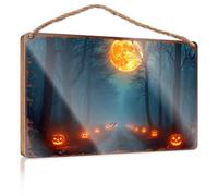 Wood Bathroom Hanging Sign Halloween Night: Pumpkins And Full Moon In The Forest Wooded Sign Patio Decorations Outdoor Balcony Decor(15X28CM)