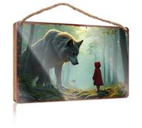 Wood Bathroom Hanging Sign Little Red Riding Hood Confronts The Wolf In Enchanted Forest Wooded Sign Patio Decorations Outdoor Balcony Decor(23X35CM)
