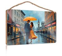 Wood Bathroom Hanging Sign Rainy Day Romance In London: A Couple Shares An Umbrella Wooded Sign Patio Decorations Outdoor Balcony Decor(15X28CM)