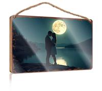 Wood Bathroom Hanging Sign Romantic Moonlit Kiss By The Lake Wooded Sign Patio Decorations Outdoor Balcony Decor(20X30CM)