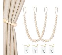 Wood Bead Curtain Tiebacks, KLOGTSIND Set of 2 Curtain Holdbacks for Thin or Thick Window Draperies, Boho Farmhouse Curtain Tiebacks with Hooks, Curtain Tie Backs for Home Office Room Decor