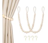 Wood Bead Curtain Tiebacks, KLOGTSIND Set of 2 Curtain Holdbacks for Thin or Thick Window Draperies, Boho Farmhouse Curtain Tiebacks with Hooks, Curtain Tie Backs for Home Office Room Decor