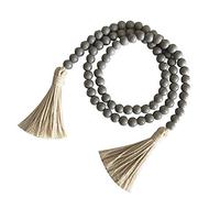 Wood Bead with Tassels Summer Rustic Garland Farmhouse Country Decor Tiered Tray Decorations Spring Beads Woven Tassel Wall Hanging Shelf Decor Natural Wooden Prayer Beads Home Decor Black/Grey