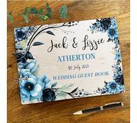 Wood Blue & Black Flowers Message Notes Keepsake Wedding Guest Book | Personalised Wedding Guest Book | Message Book | Keepsake Book | Wooden Guest Book | Memory Book