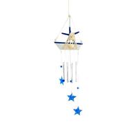 Wood Boat-Shaped Wind Ornament with Painted Coastal Detailing, B | Carved and Painted Boat Centerpiece, Blue Star Pendants, Suspended Metal Tubes That Sound As Air Flows