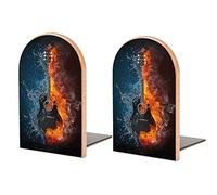 Wood Book End Acoustic Guitar in Fire and Water Book Shelf Holder Non-Slip Wooden Bookends Stand for Shelves Home Office Library Study