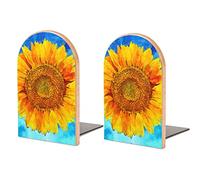 Wood Book End Bookends for Shelves to Hold Books Sunflower Van-Gogh Style Print Small Non-Slip Book Stoppers Wood Decorative Home Office Desk