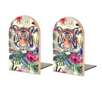Wood Book End Bookends for Shelves to Hold Books Vintage Indian Tiger Exotic Print Small Non-Slip Book Stoppers Wood Decorative Home Office Desk